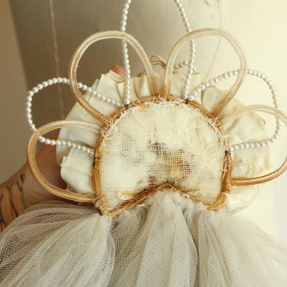 Vintage 1940s 1950s Bridal Veil With Tulle And Pearl Trim, Winter White Blusher - Picture 8 of 10